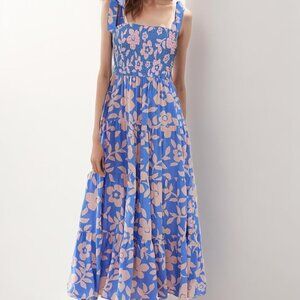 Blue-Cream Floral Square Neck Maxi Dress
